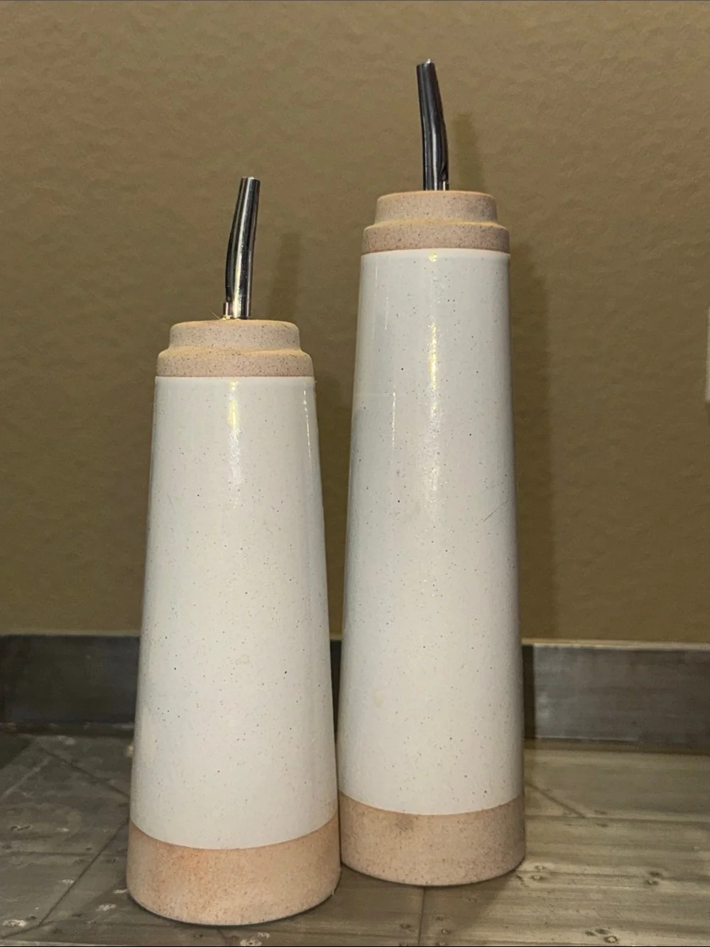 West Elm Ceramic Oil & Vinegar Pourers in White and Tan